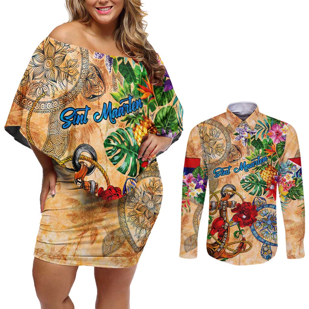 Sint Maarten Couples Matching Off Shoulder Short Dress and Long Sleeve Button Shirt Geographic Coordinate Anchor - Turlte Tropical