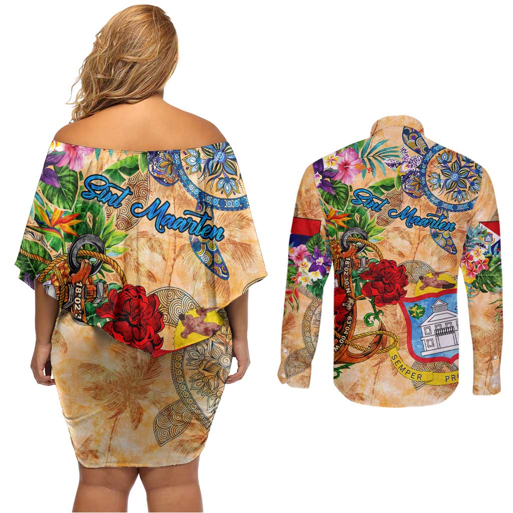 Sint Maarten Couples Matching Off Shoulder Short Dress and Long Sleeve Button Shirt Geographic Coordinate Anchor - Turlte Tropical
