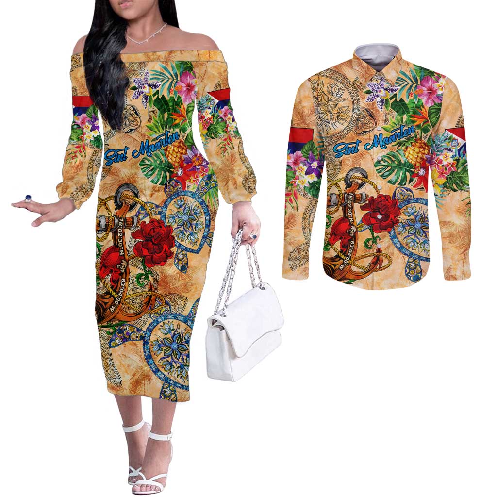 Sint Maarten Couples Matching Off The Shoulder Long Sleeve Dress and Long Sleeve Button Shirt Geographic Coordinate Anchor - Turlte Tropical
