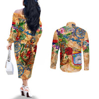 Sint Maarten Couples Matching Off The Shoulder Long Sleeve Dress and Long Sleeve Button Shirt Geographic Coordinate Anchor - Turlte Tropical