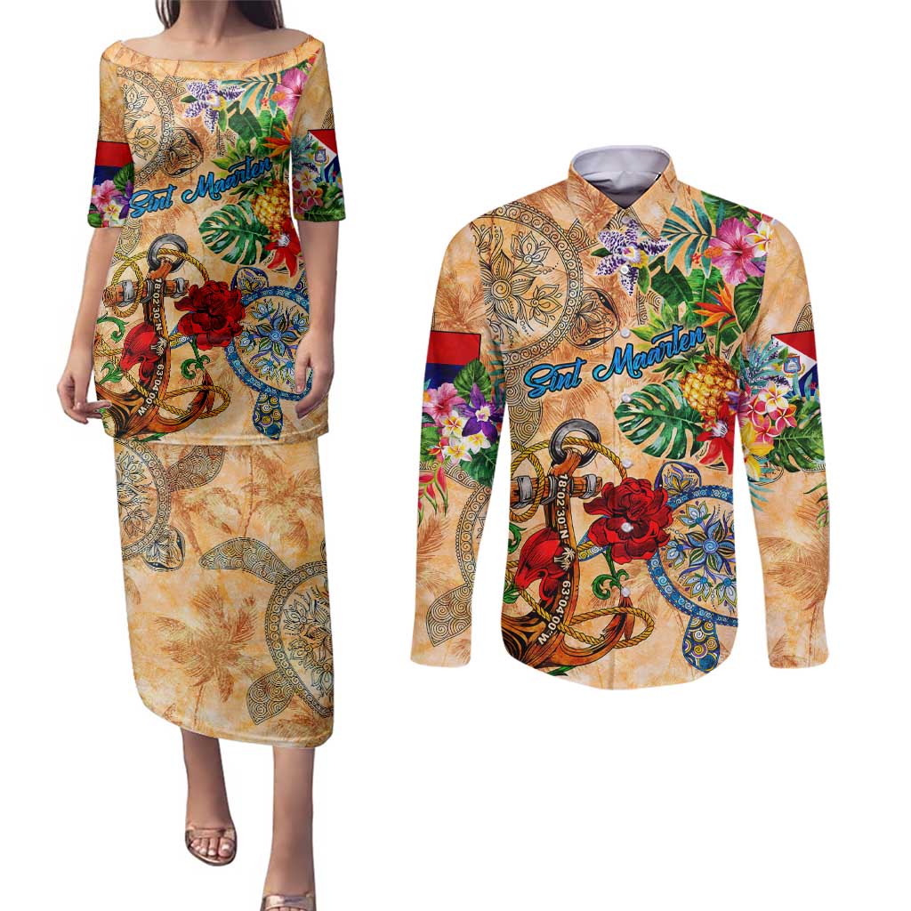 Sint Maarten Couples Matching Puletasi and Long Sleeve Button Shirt Geographic Coordinate Anchor - Turlte Tropical