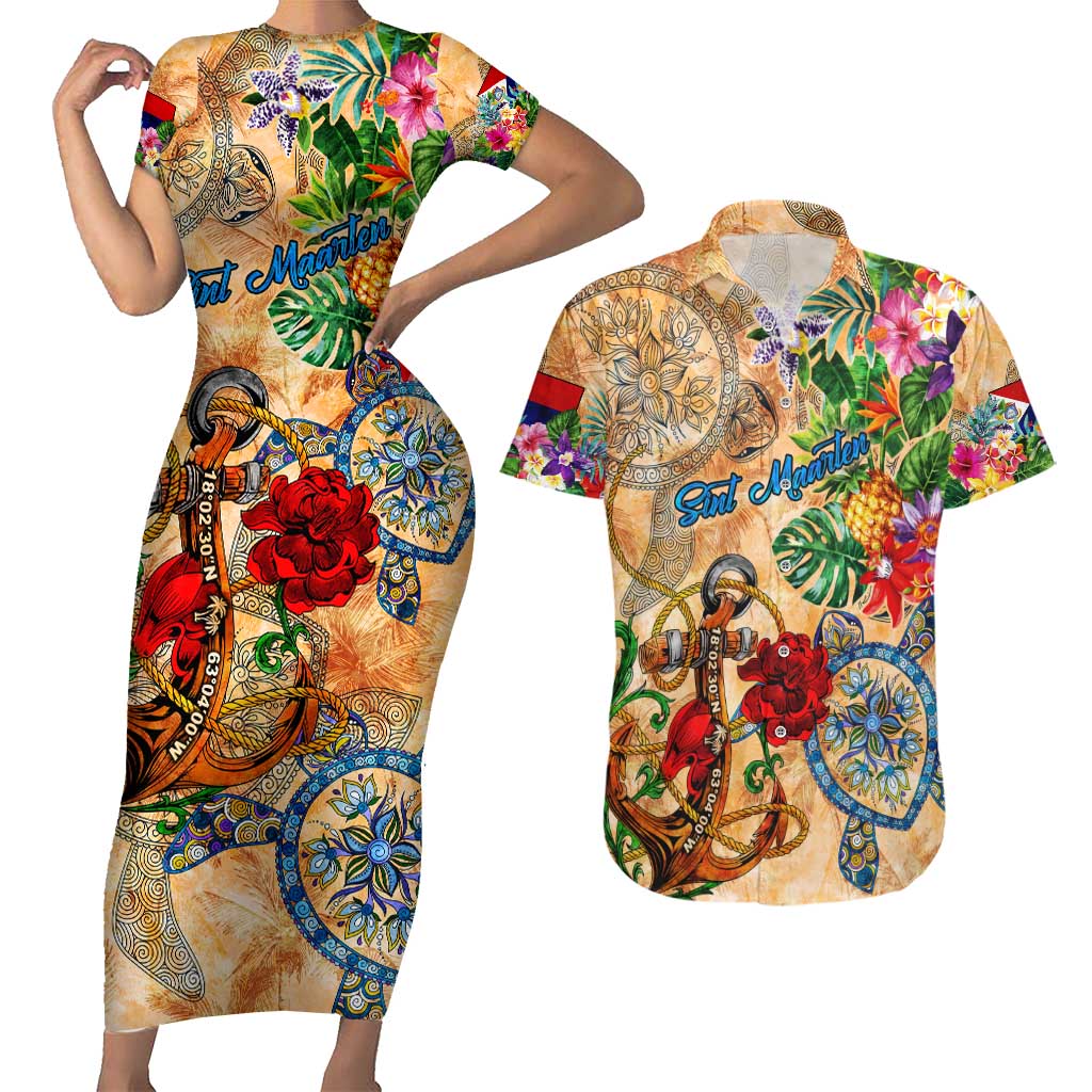 Sint Maarten Couples Matching Short Sleeve Bodycon Dress and Hawaiian Shirt Geographic Coordinate Anchor - Turlte Tropical