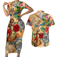 Sint Maarten Couples Matching Short Sleeve Bodycon Dress and Hawaiian Shirt Geographic Coordinate Anchor - Turlte Tropical