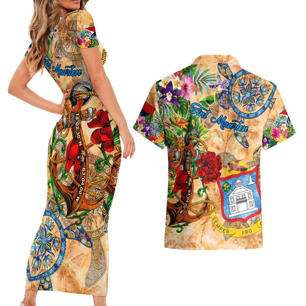 Sint Maarten Couples Matching Short Sleeve Bodycon Dress and Hawaiian Shirt Geographic Coordinate Anchor - Turlte Tropical