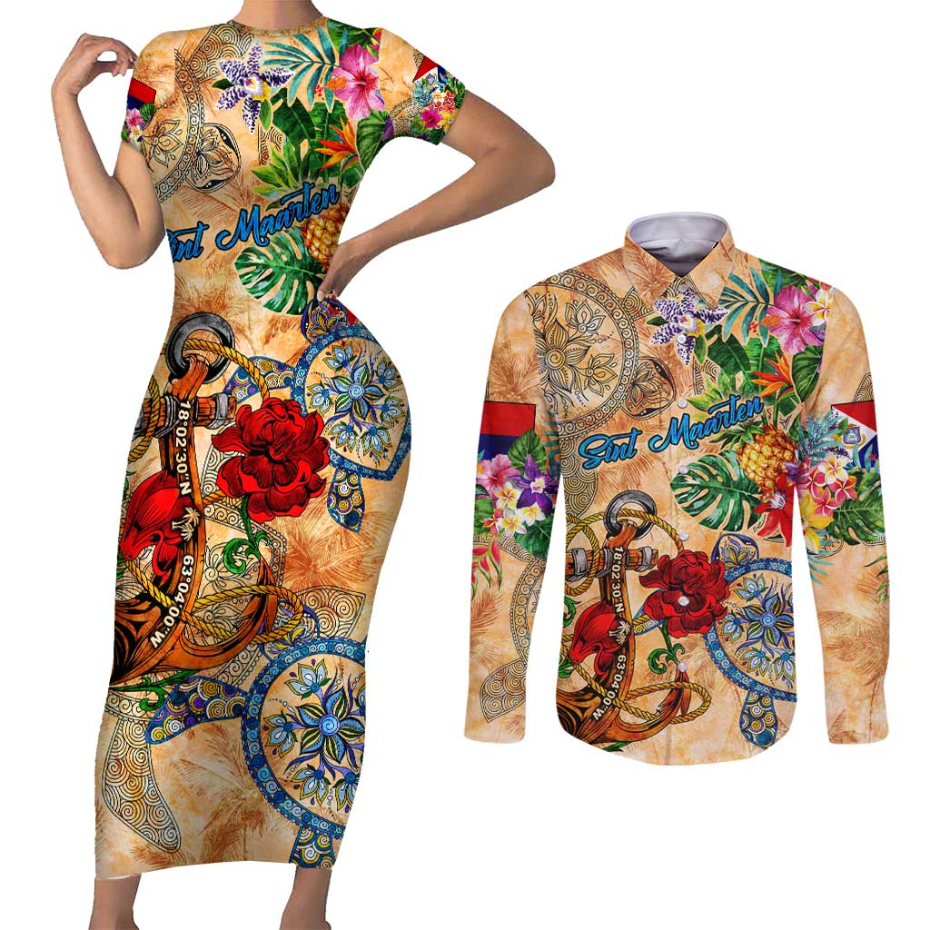 Sint Maarten Couples Matching Short Sleeve Bodycon Dress and Long Sleeve Button Shirt Geographic Coordinate Anchor - Turlte Tropical