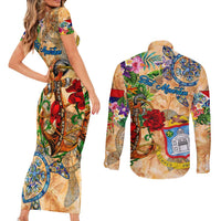 Sint Maarten Couples Matching Short Sleeve Bodycon Dress and Long Sleeve Button Shirt Geographic Coordinate Anchor - Turlte Tropical