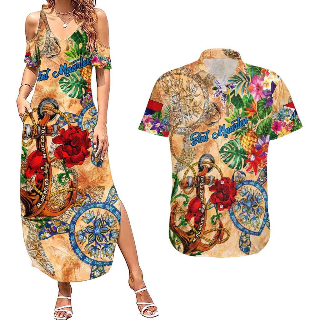 Sint Maarten Couples Matching Summer Maxi Dress and Hawaiian Shirt Geographic Coordinate Anchor - Turlte Tropical