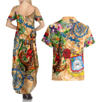 Sint Maarten Couples Matching Summer Maxi Dress and Hawaiian Shirt Geographic Coordinate Anchor - Turlte Tropical