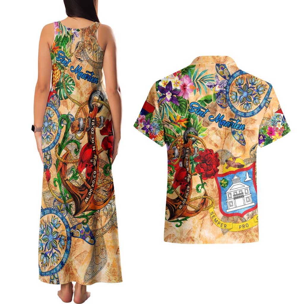 Sint Maarten Couples Matching Tank Maxi Dress and Hawaiian Shirt Geographic Coordinate Anchor - Turlte Tropical
