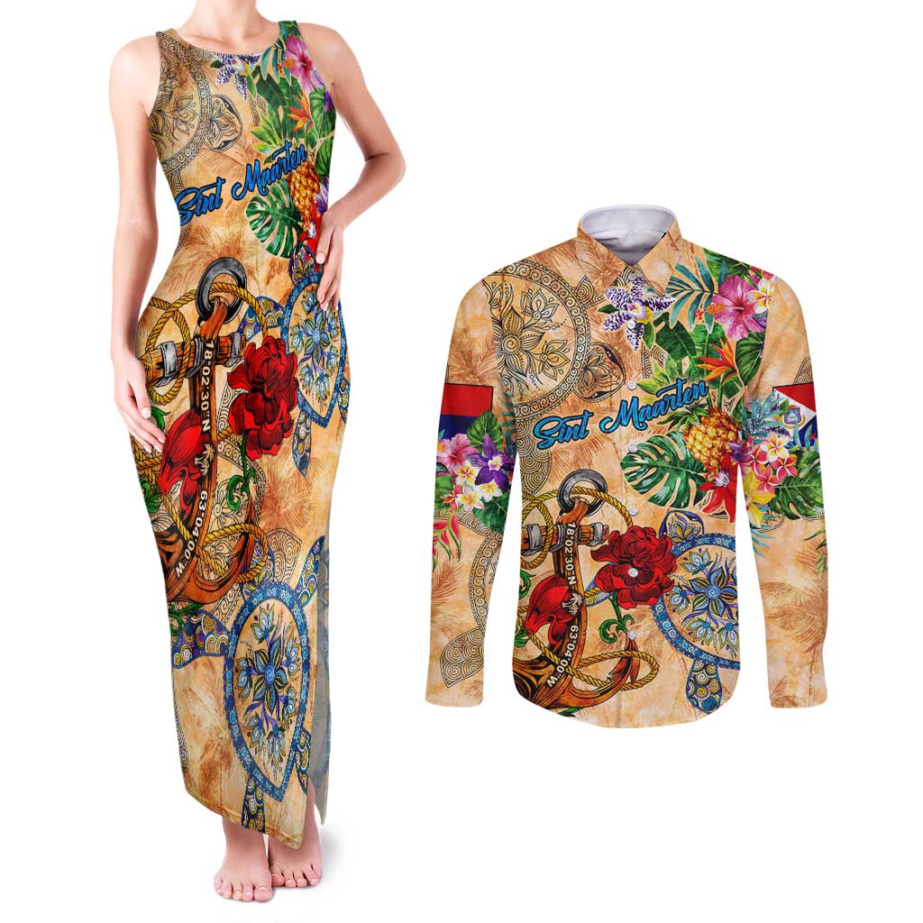 Sint Maarten Couples Matching Tank Maxi Dress and Long Sleeve Button Shirt Geographic Coordinate Anchor - Turlte Tropical