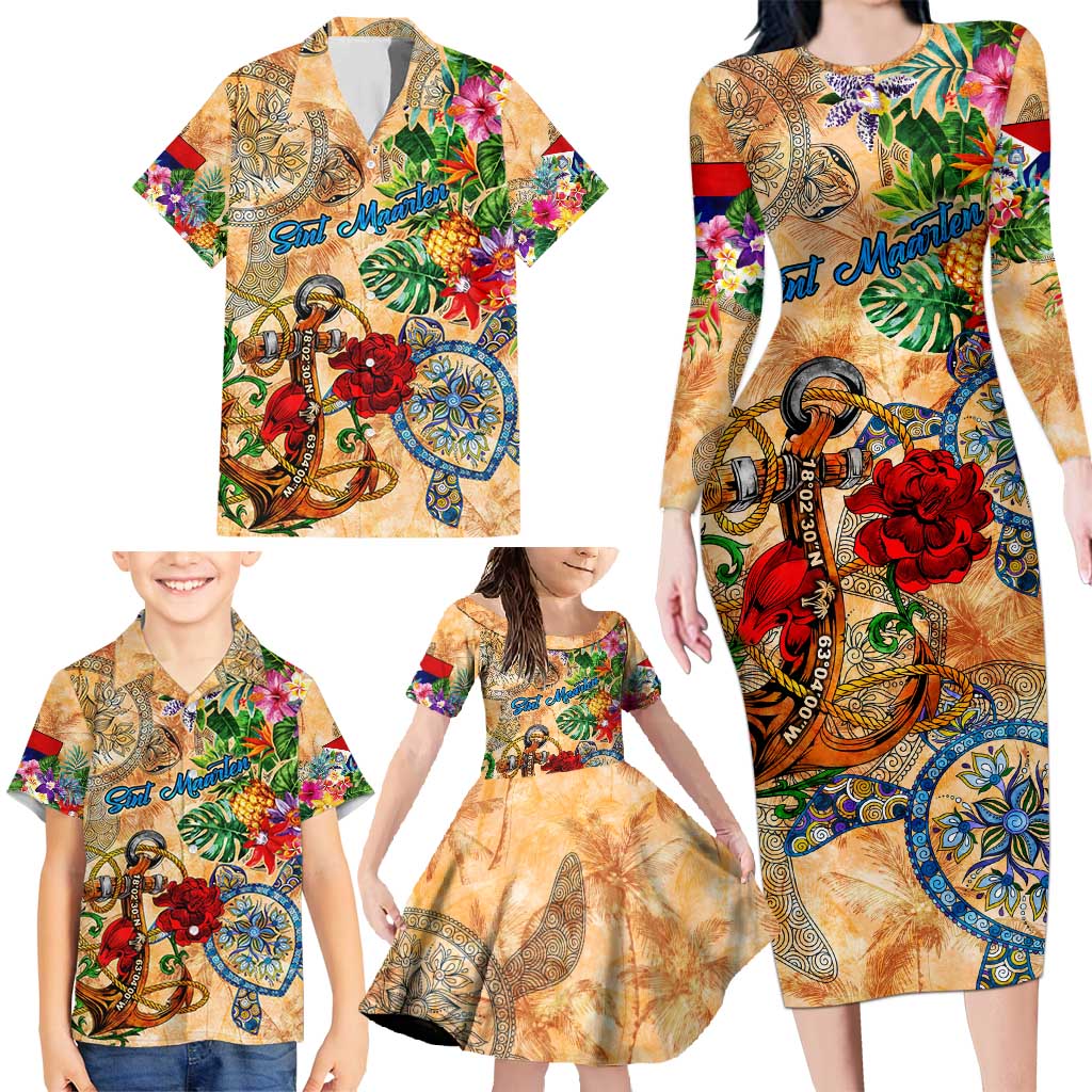Sint Maarten Family Matching Long Sleeve Bodycon Dress and Hawaiian Shirt Geographic Coordinate Anchor - Turlte Tropical