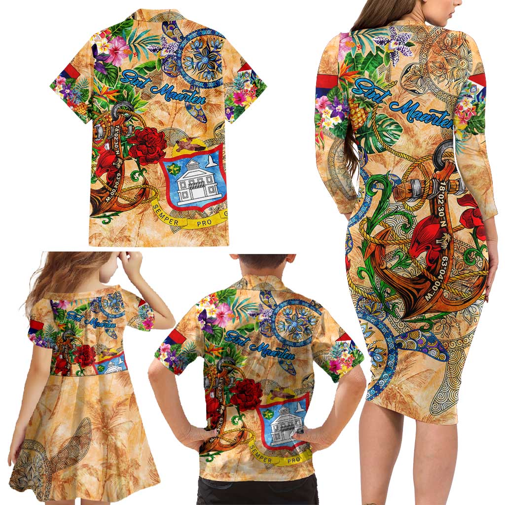 Sint Maarten Family Matching Long Sleeve Bodycon Dress and Hawaiian Shirt Geographic Coordinate Anchor - Turlte Tropical