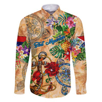 Sint Maarten Family Matching Long Sleeve Bodycon Dress and Hawaiian Shirt Geographic Coordinate Anchor - Turlte Tropical