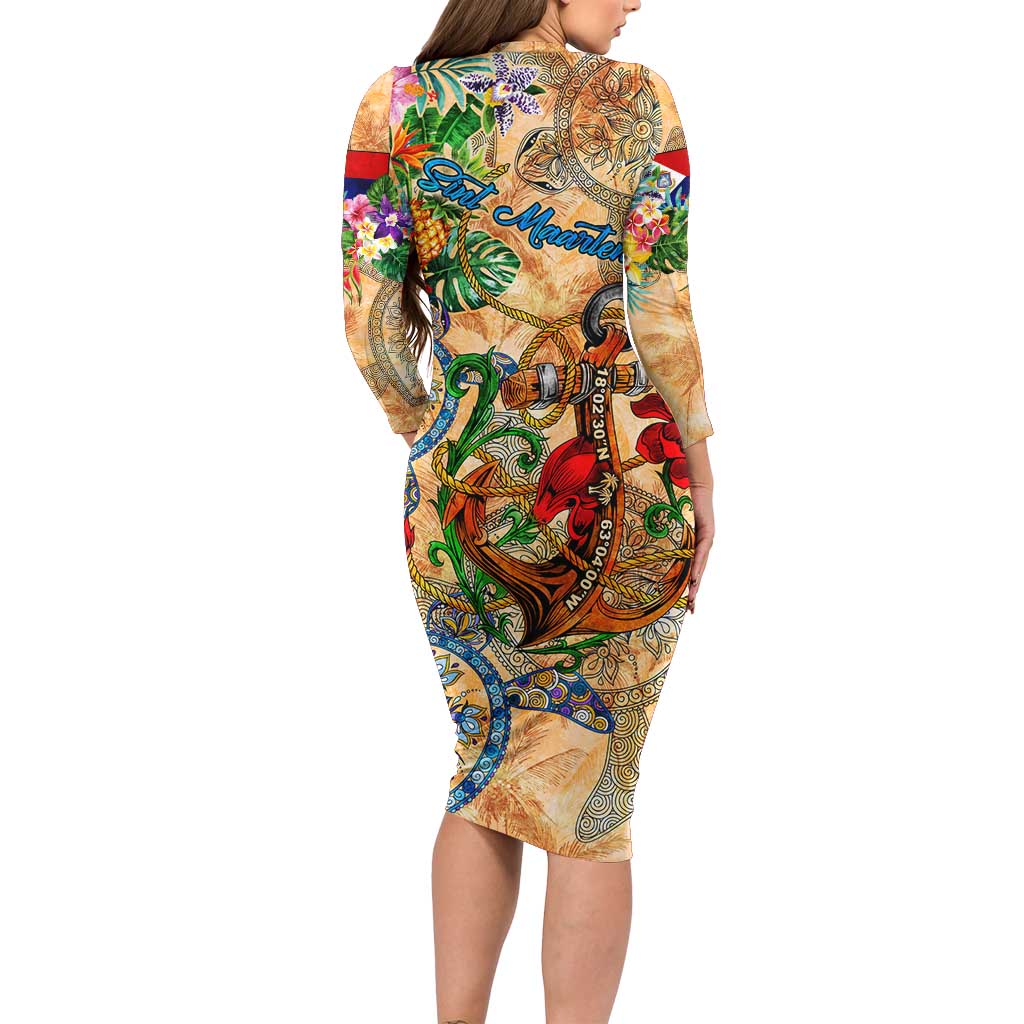 Sint Maarten Family Matching Long Sleeve Bodycon Dress and Hawaiian Shirt Geographic Coordinate Anchor - Turlte Tropical