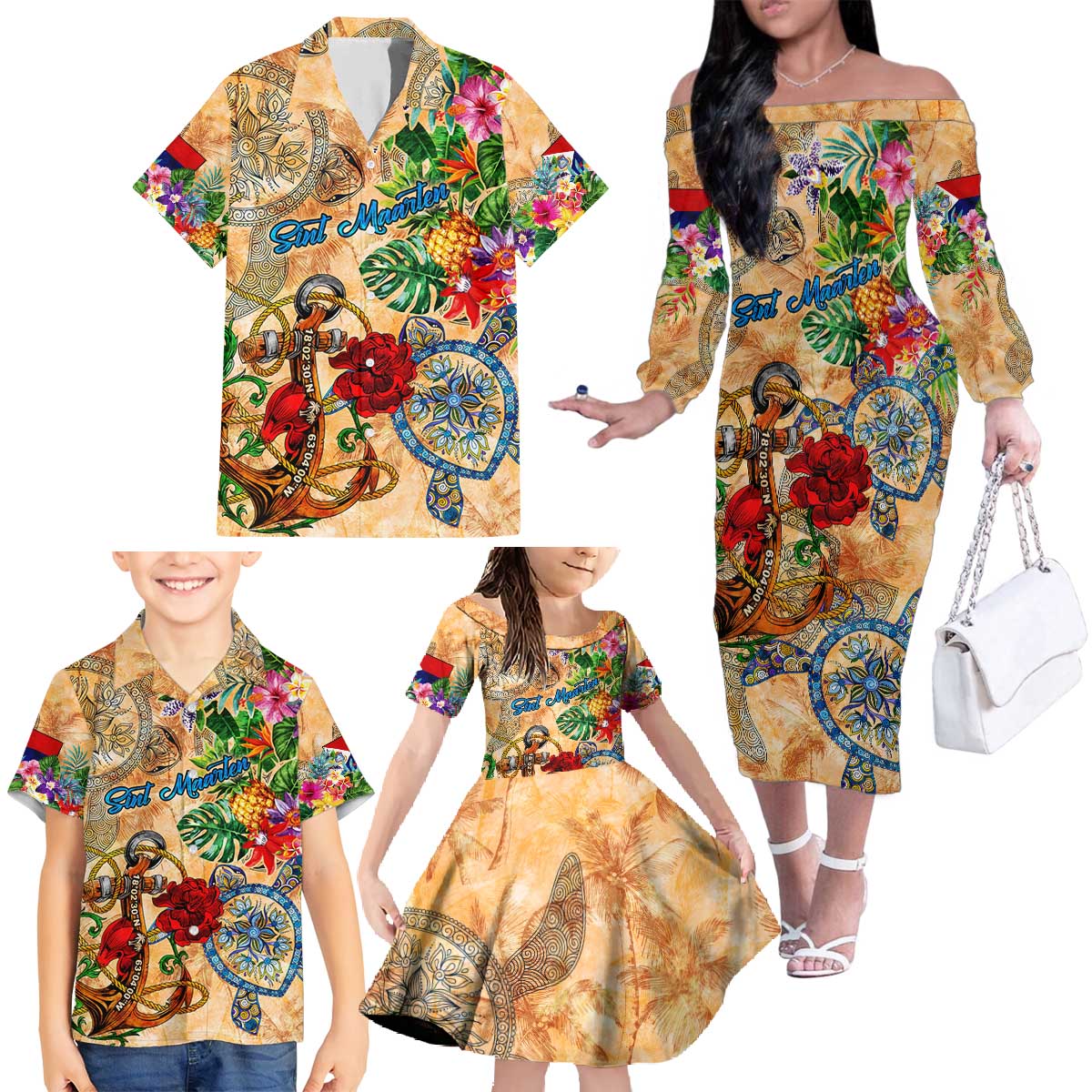 Sint Maarten Family Matching Off The Shoulder Long Sleeve Dress and Hawaiian Shirt Geographic Coordinate Anchor - Turlte Tropical