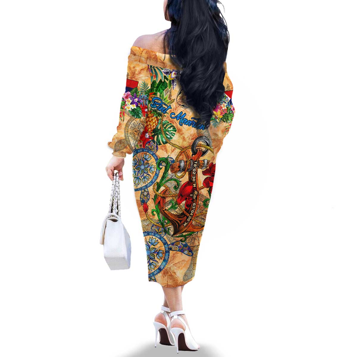 Sint Maarten Family Matching Off The Shoulder Long Sleeve Dress and Hawaiian Shirt Geographic Coordinate Anchor - Turlte Tropical