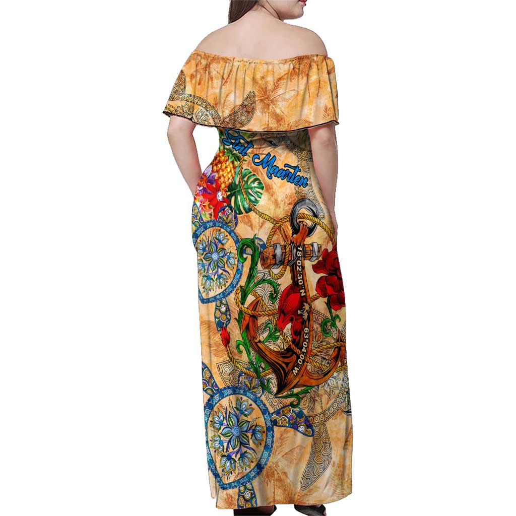 Sint Maarten Family Matching Off Shoulder Maxi Dress and Hawaiian Shirt Geographic Coordinate Anchor - Turlte Tropical