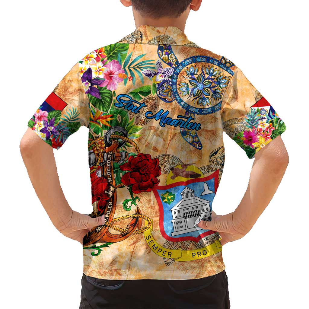 Sint Maarten Family Matching Off Shoulder Short Dress and Hawaiian Shirt Geographic Coordinate Anchor - Turlte Tropical