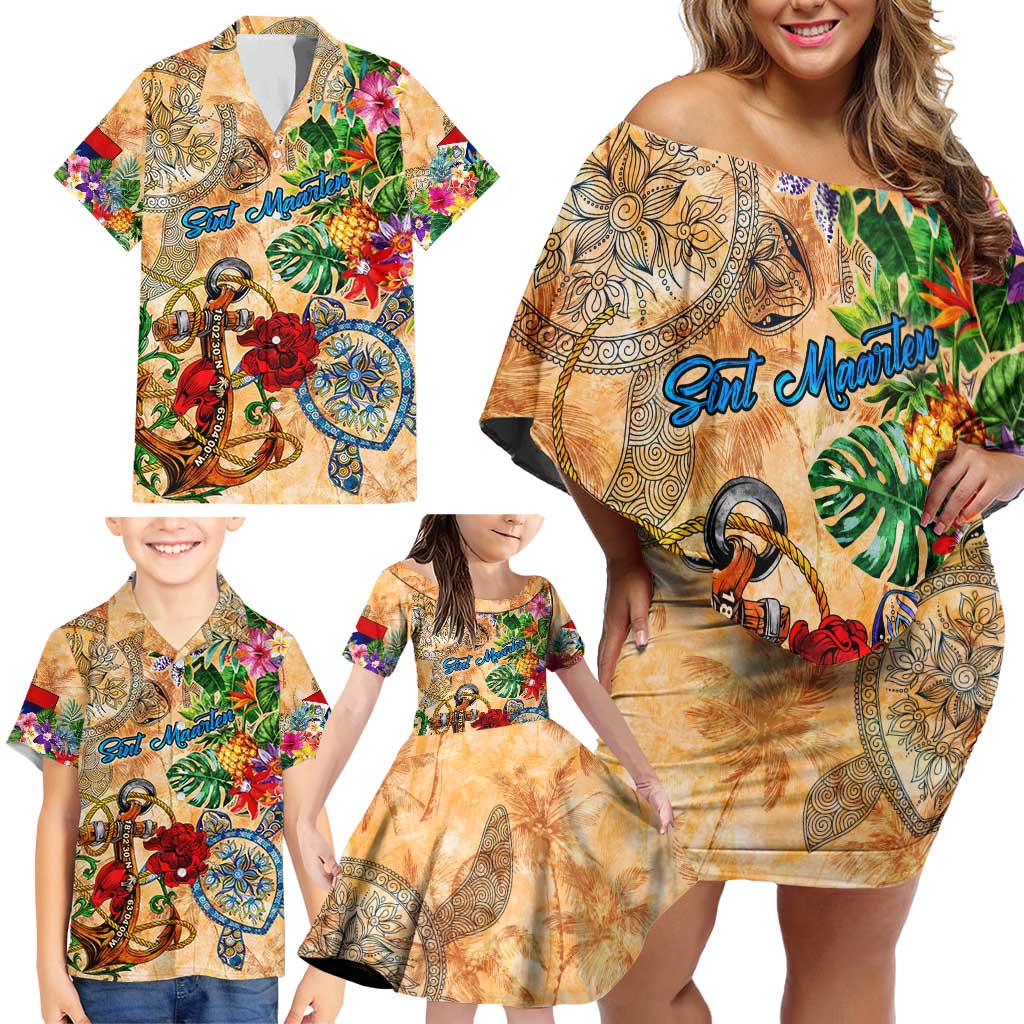 Sint Maarten Family Matching Off Shoulder Short Dress and Hawaiian Shirt Geographic Coordinate Anchor - Turlte Tropical