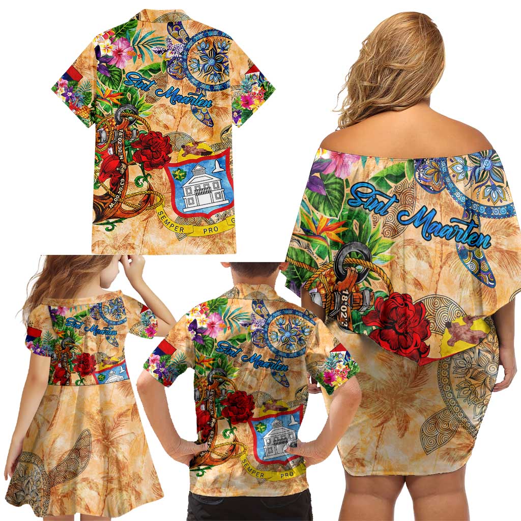 Sint Maarten Family Matching Off Shoulder Short Dress and Hawaiian Shirt Geographic Coordinate Anchor - Turlte Tropical