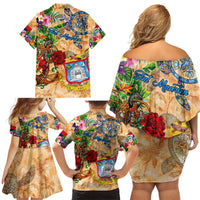 Sint Maarten Family Matching Off Shoulder Short Dress and Hawaiian Shirt Geographic Coordinate Anchor - Turlte Tropical