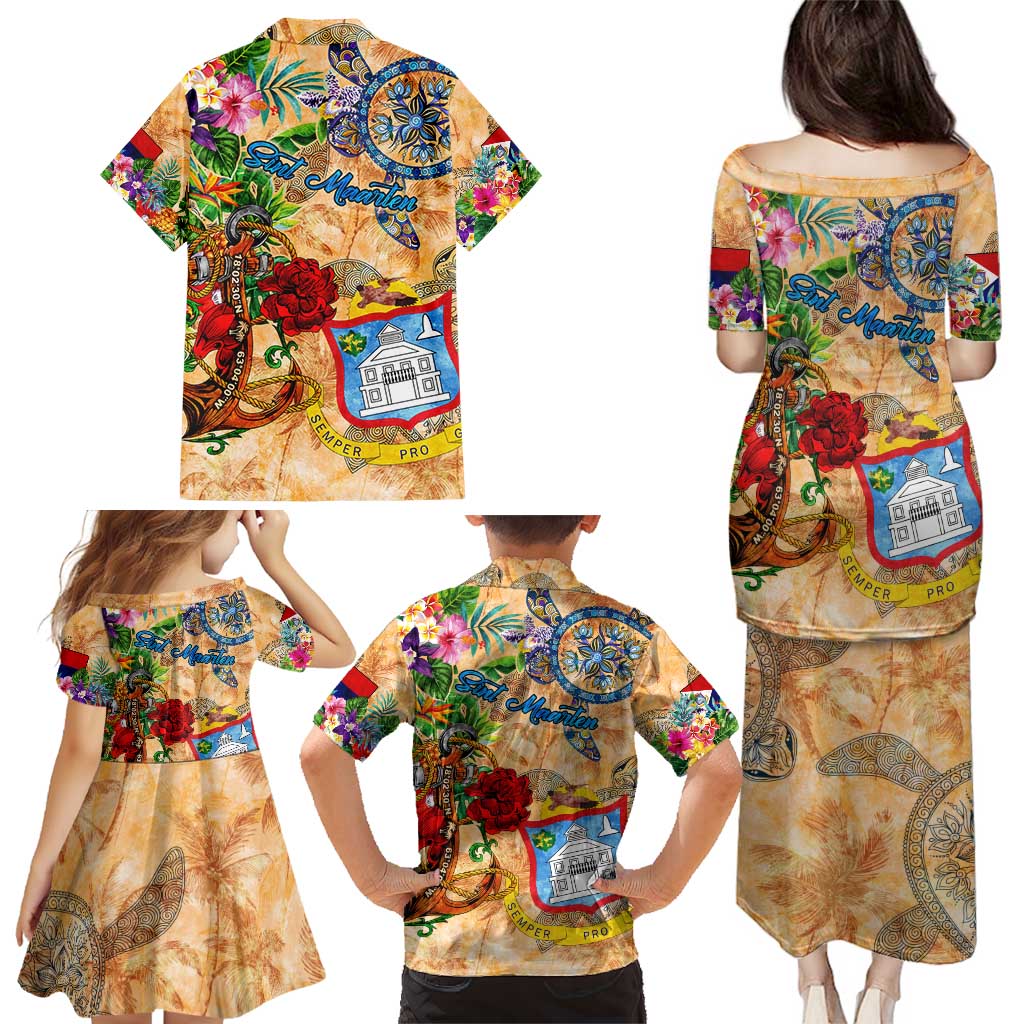 Sint Maarten Family Matching Puletasi and Hawaiian Shirt Geographic Coordinate Anchor - Turlte Tropical