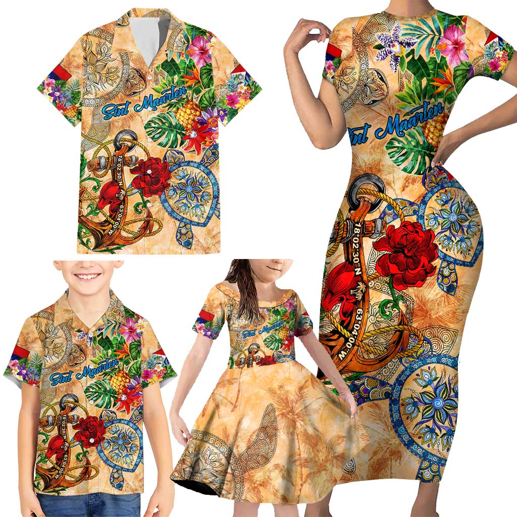 Sint Maarten Family Matching Short Sleeve Bodycon Dress and Hawaiian Shirt Geographic Coordinate Anchor - Turlte Tropical