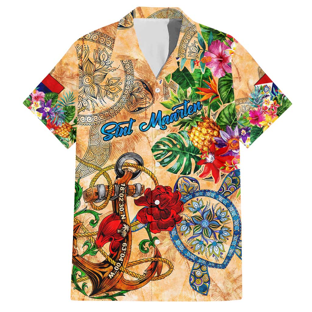 Sint Maarten Family Matching Short Sleeve Bodycon Dress and Hawaiian Shirt Geographic Coordinate Anchor - Turlte Tropical