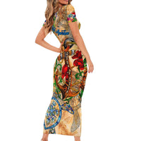 Sint Maarten Family Matching Short Sleeve Bodycon Dress and Hawaiian Shirt Geographic Coordinate Anchor - Turlte Tropical