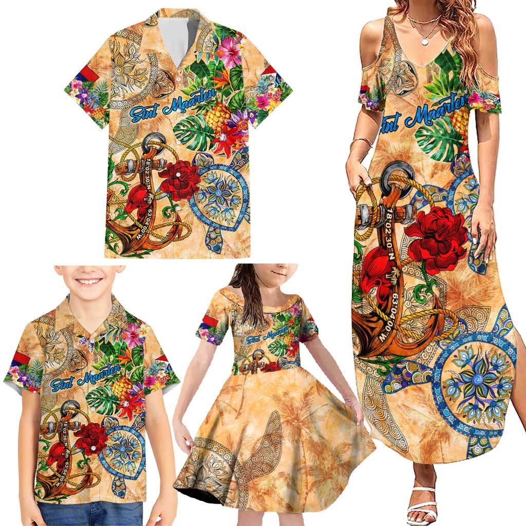 Sint Maarten Family Matching Summer Maxi Dress and Hawaiian Shirt Geographic Coordinate Anchor - Turlte Tropical