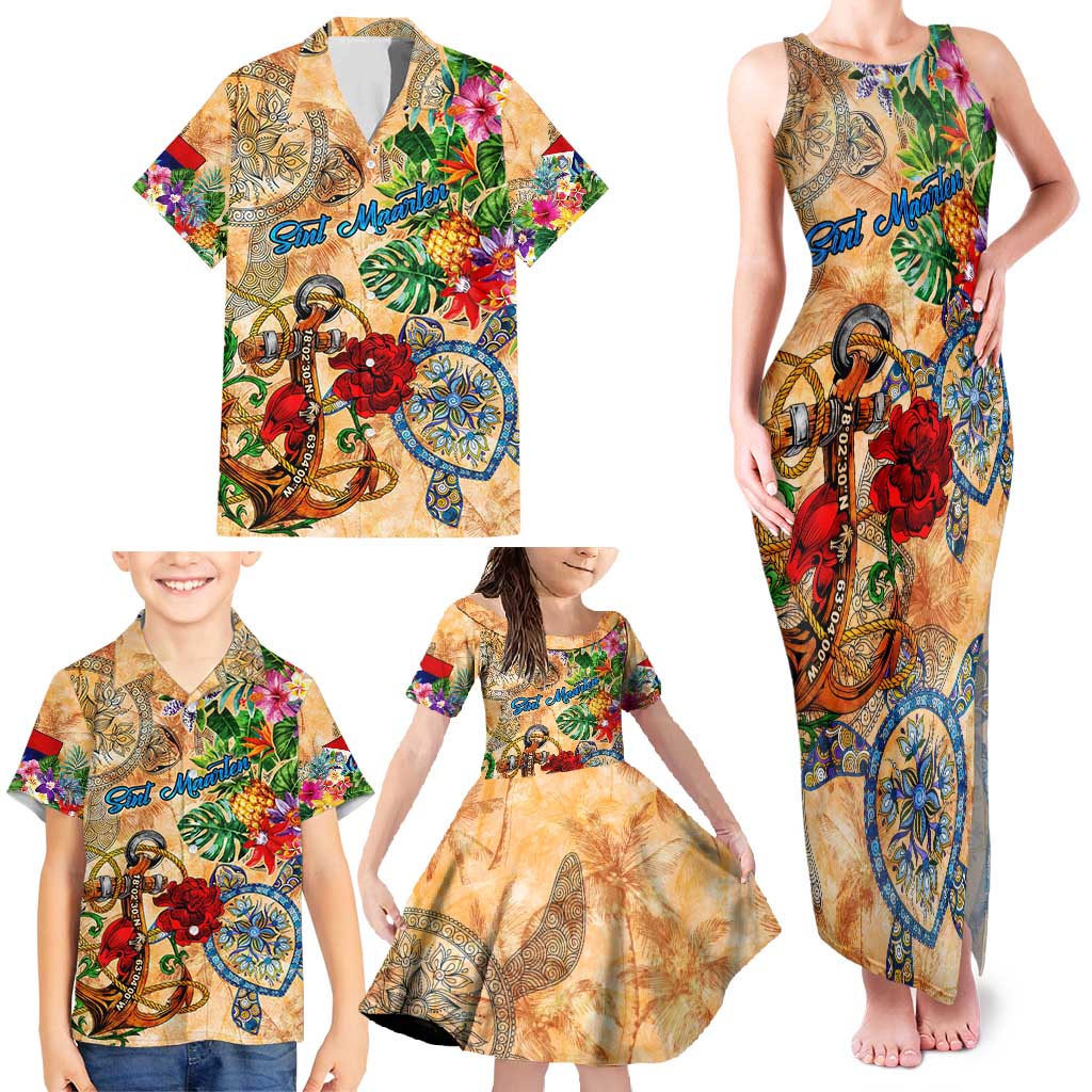 Sint Maarten Family Matching Tank Maxi Dress and Hawaiian Shirt Geographic Coordinate Anchor - Turlte Tropical