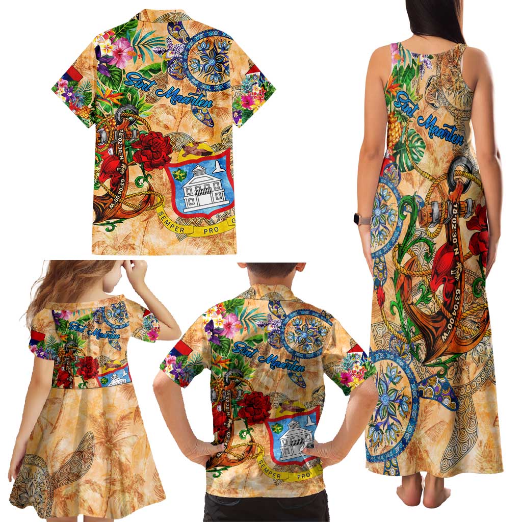 Sint Maarten Family Matching Tank Maxi Dress and Hawaiian Shirt Geographic Coordinate Anchor - Turlte Tropical