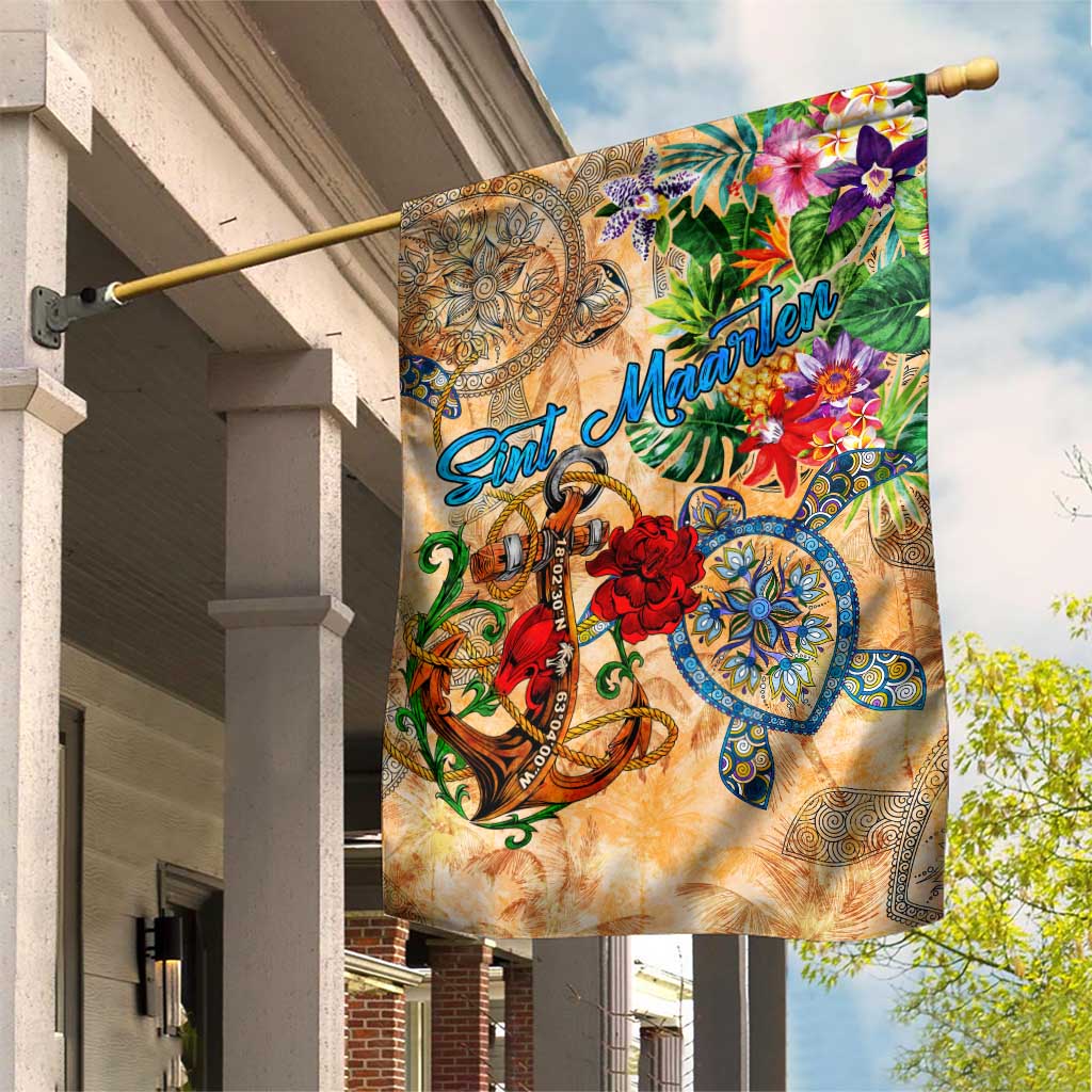 Sint Maarten Garden Flag Geographic Coordinate Anchor - Turlte Tropical