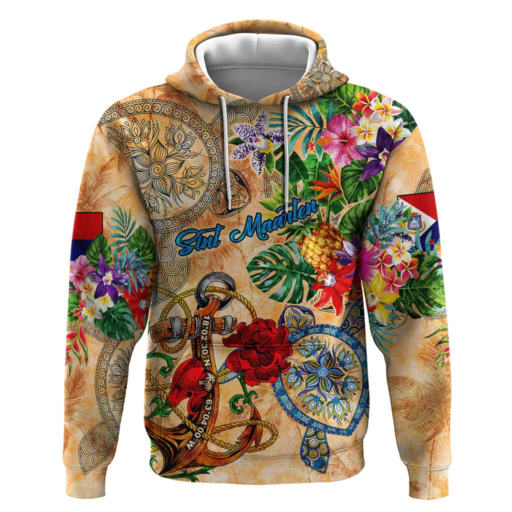 Sint Maarten Hoodie Geographic Coordinate Anchor - Turlte Tropical