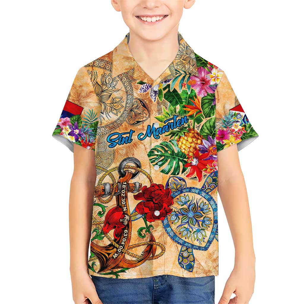 Sint Maarten Kid Hawaiian Shirt Geographic Coordinate Anchor - Turlte Tropical