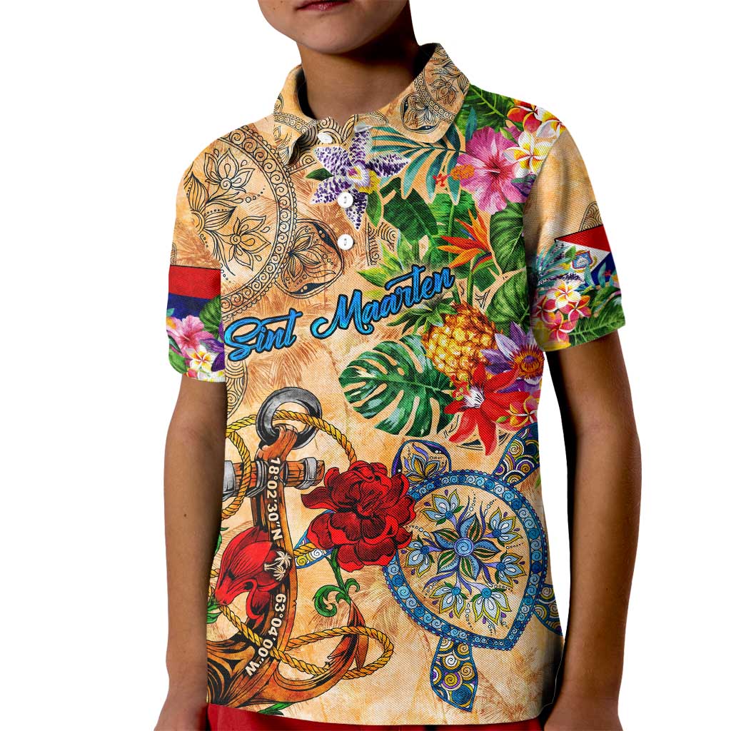 Sint Maarten Kid Polo Shirt Geographic Coordinate Anchor - Turlte Tropical