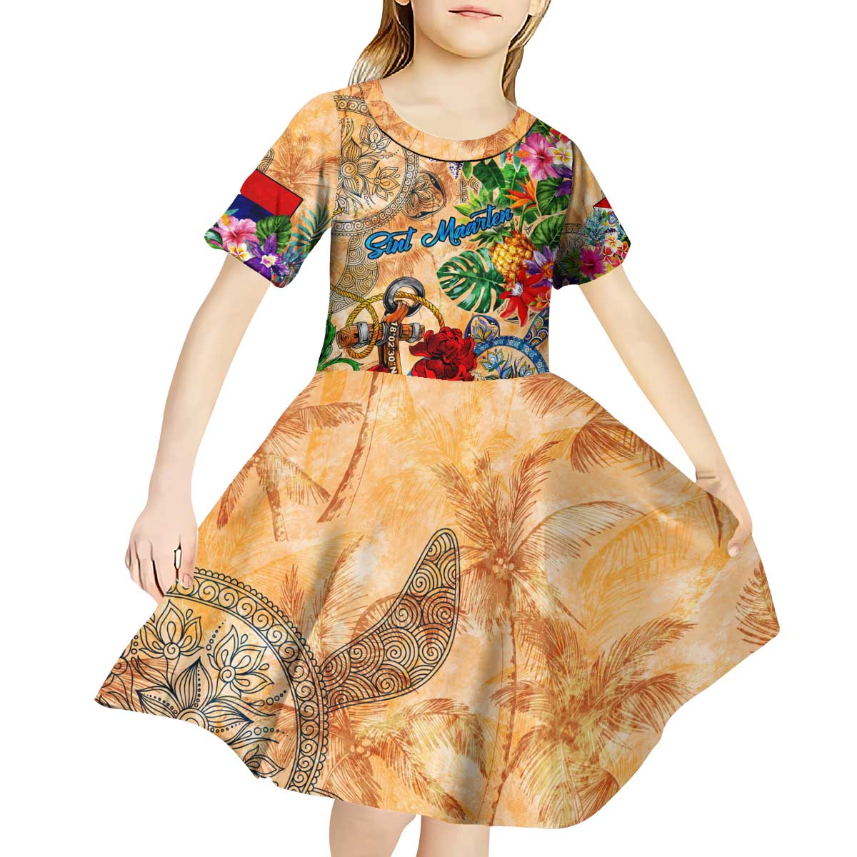 Sint Maarten Kid Short Sleeve Dress Geographic Coordinate Anchor - Turlte Tropical