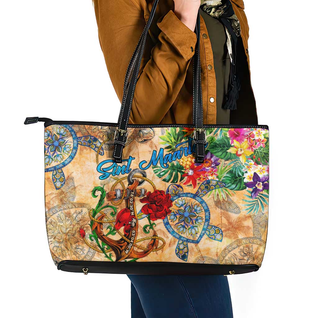 Sint Maarten Leather Tote Bag Geographic Coordinate Anchor - Turlte Tropical