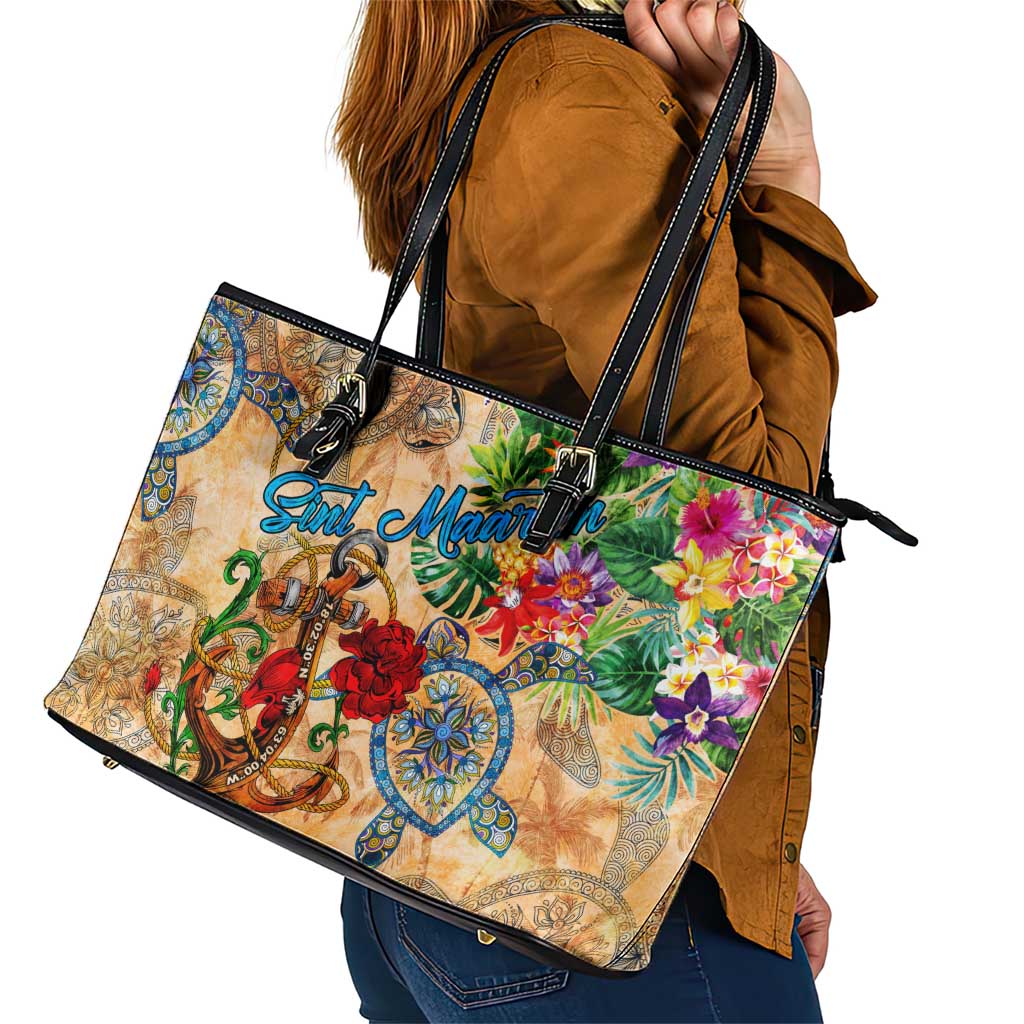 Sint Maarten Leather Tote Bag Geographic Coordinate Anchor - Turlte Tropical