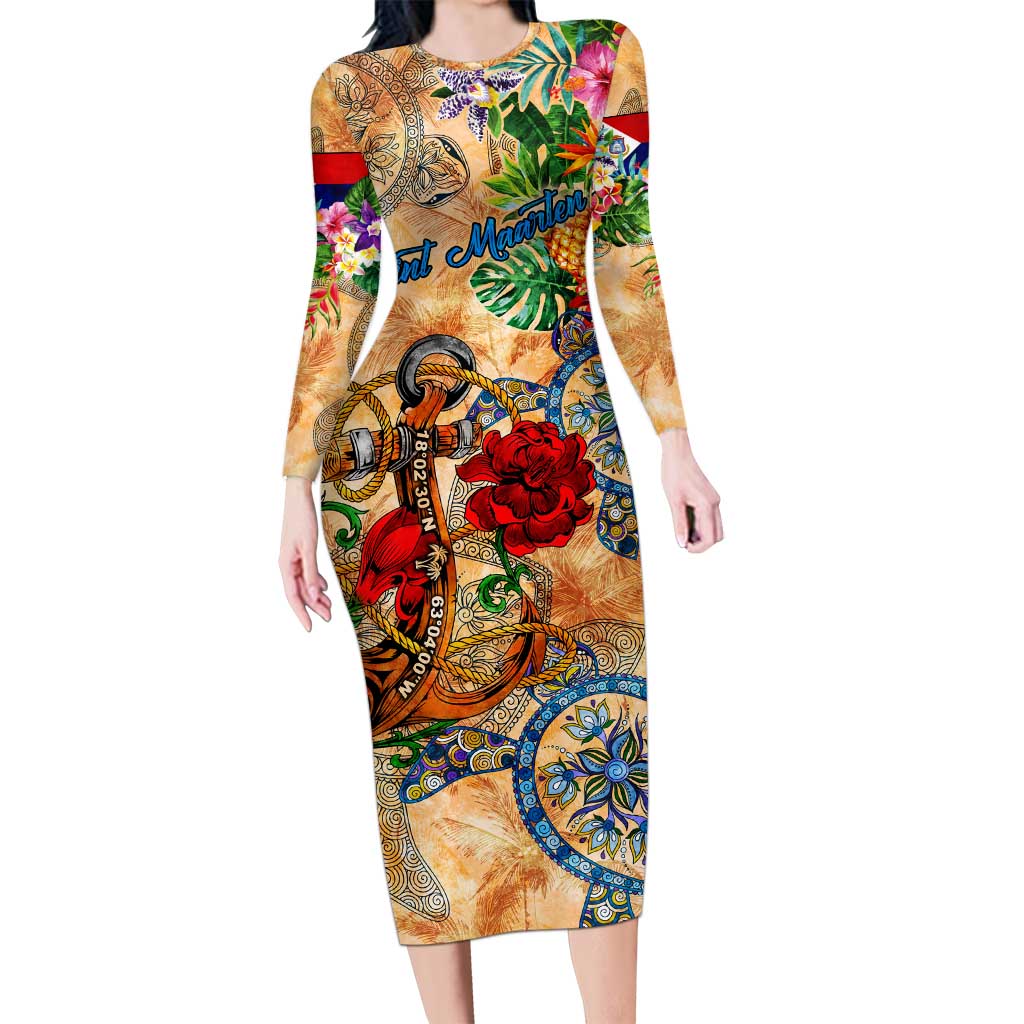 Sint Maarten Long Sleeve Bodycon Dress Geographic Coordinate Anchor - Turlte Tropical