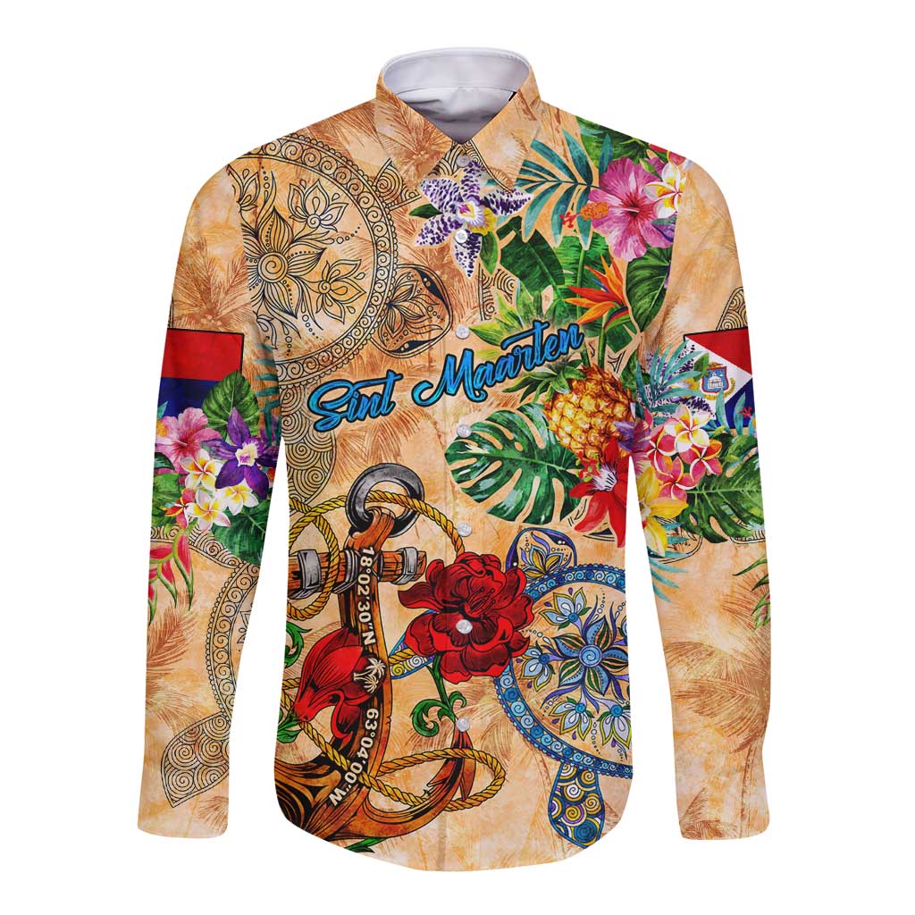 Sint Maarten Long Sleeve Button Shirt Geographic Coordinate Anchor - Turlte Tropical