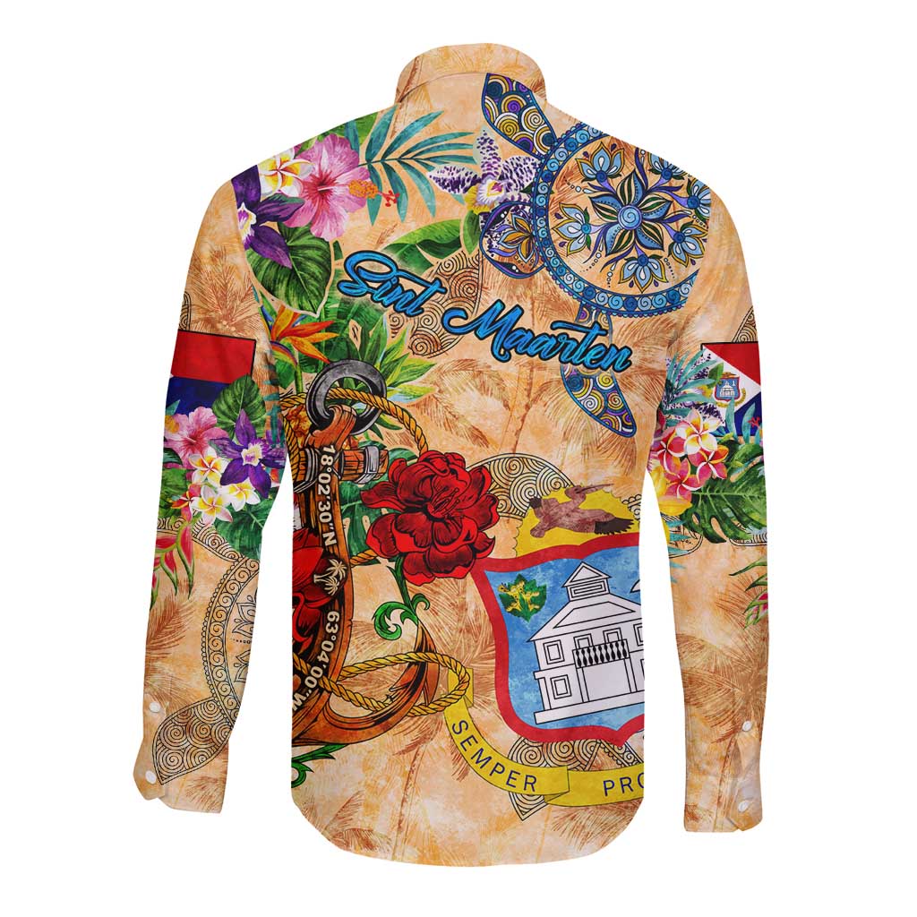 Sint Maarten Long Sleeve Button Shirt Geographic Coordinate Anchor - Turlte Tropical