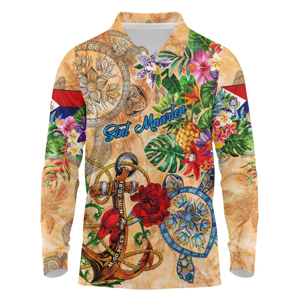 Sint Maarten Long Sleeve Polo Shirt Geographic Coordinate Anchor - Turlte Tropical