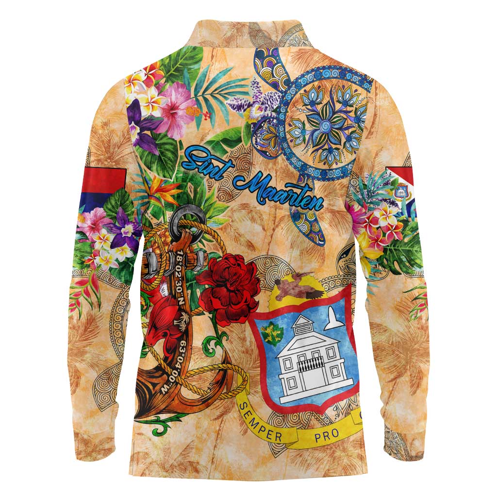 Sint Maarten Long Sleeve Polo Shirt Geographic Coordinate Anchor - Turlte Tropical
