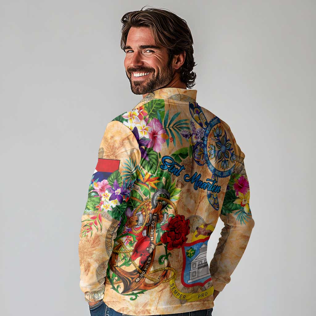 Sint Maarten Long Sleeve Polo Shirt Geographic Coordinate Anchor - Turlte Tropical