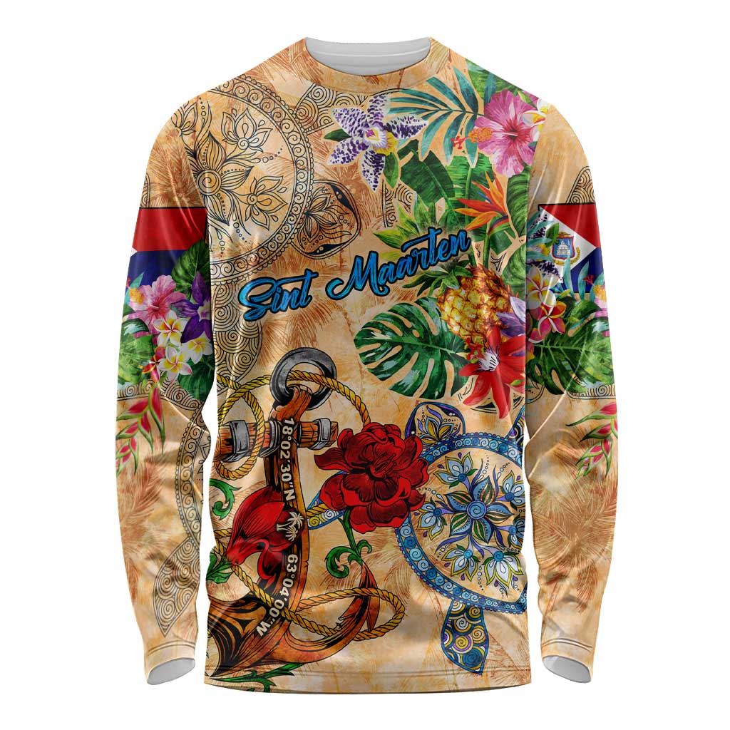 Sint Maarten Long Sleeve Shirt Geographic Coordinate Anchor - Turlte Tropical