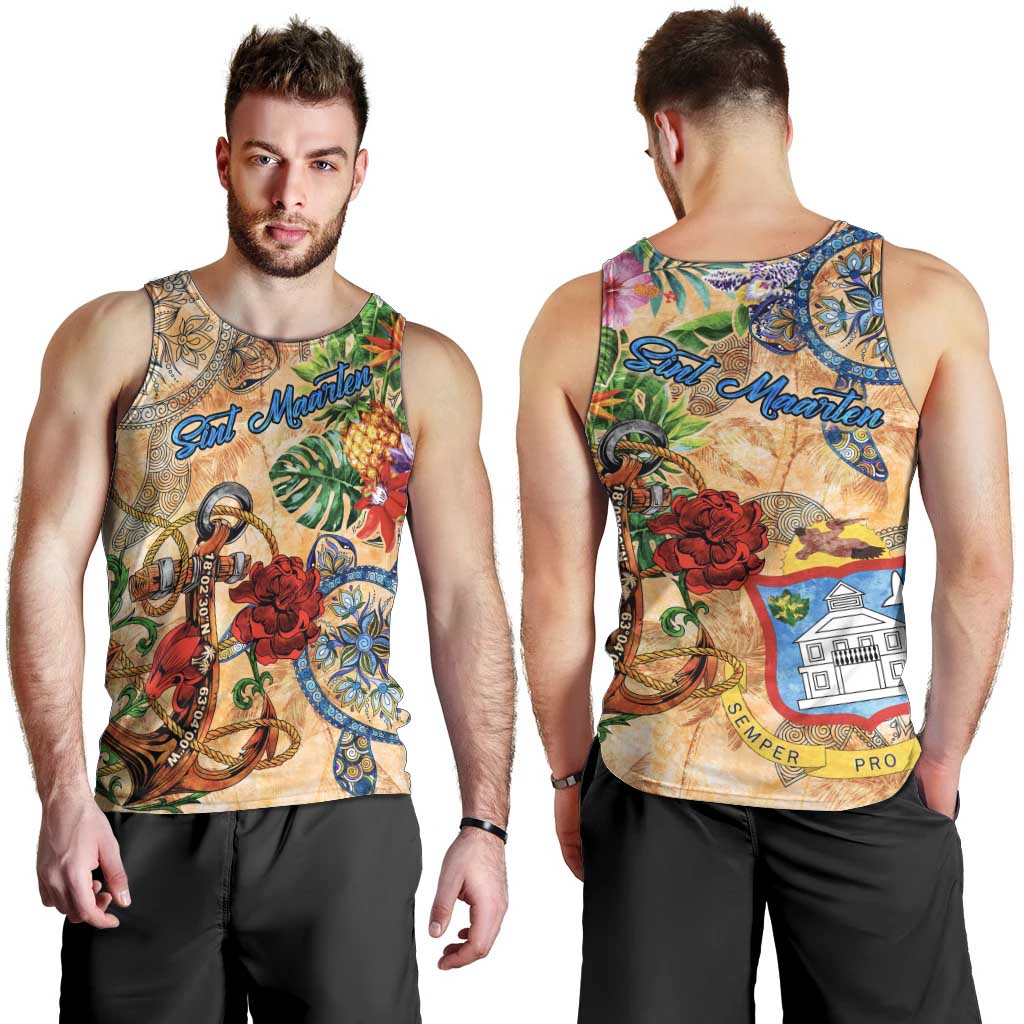 Sint Maarten Men Tank Top Geographic Coordinate Anchor - Turlte Tropical