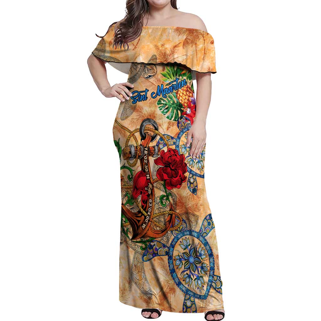 Sint Maarten Off Shoulder Maxi Dress Geographic Coordinate Anchor - Turlte Tropical