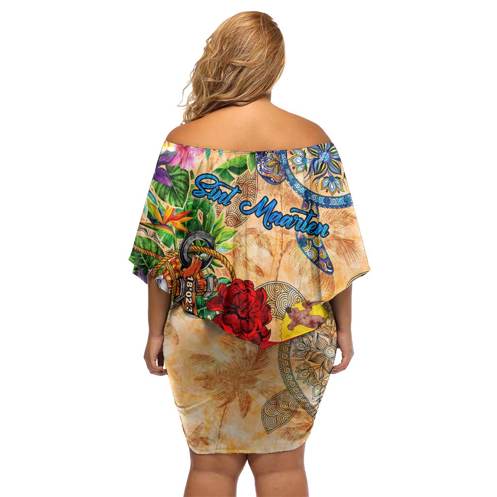 Sint Maarten Off Shoulder Short Dress Geographic Coordinate Anchor - Turlte Tropical