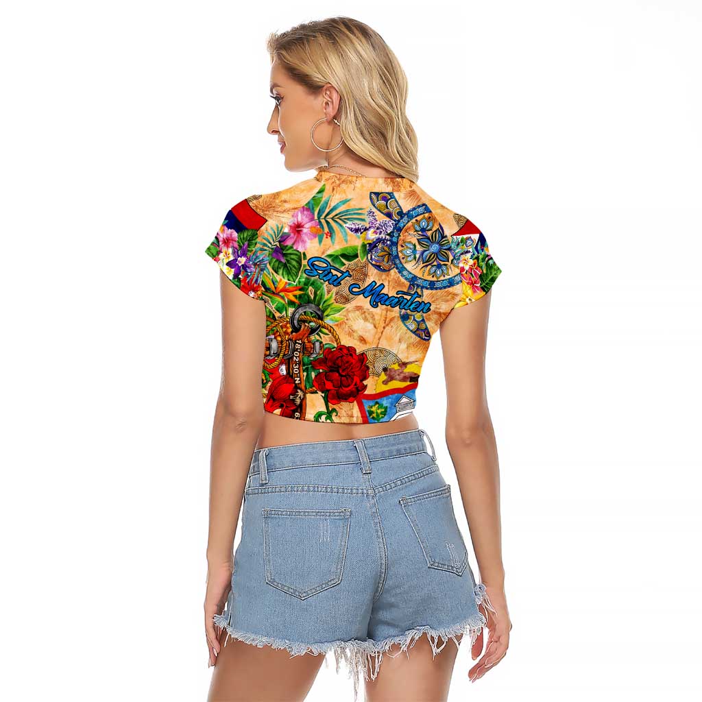Sint Maarten Raglan Cropped T Shirt Geographic Coordinate Anchor - Turlte Tropical